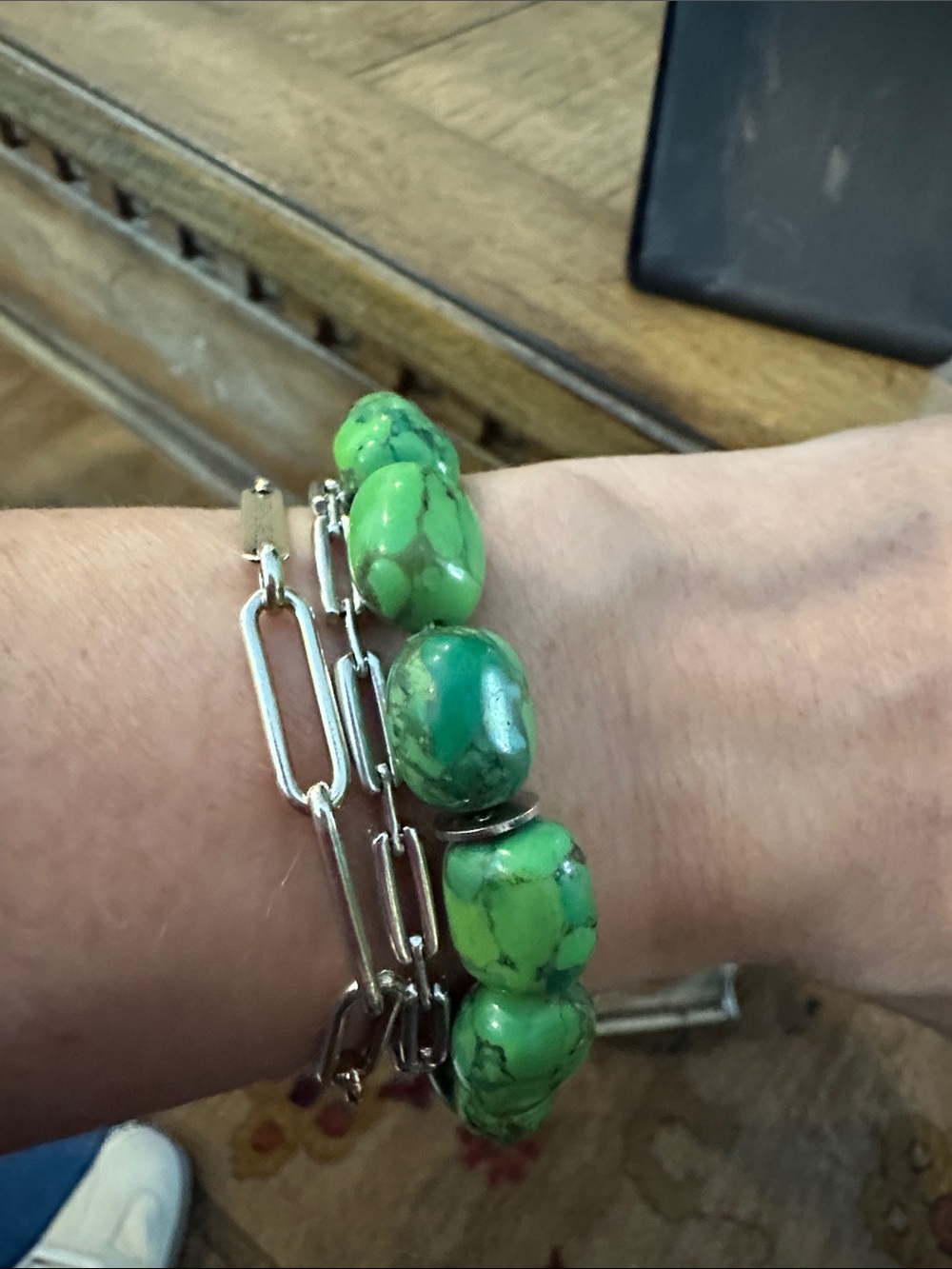 Green Stone Bead Bracelet with Silver Chain